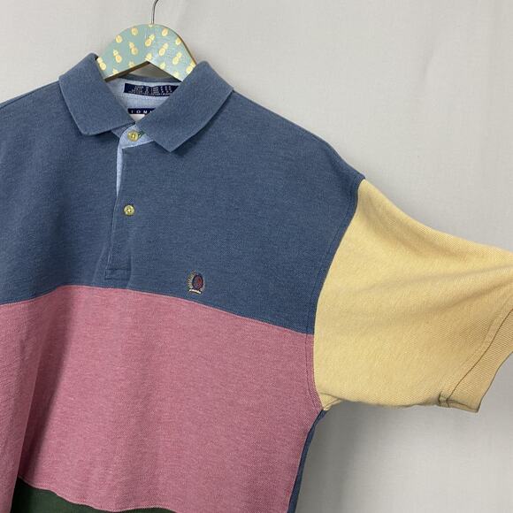 Vtg Tommy Hilfiger Polo Shirt Mens Medium Colorblock Striped Crest Logo Y2K 90s - Picture 2 of 8